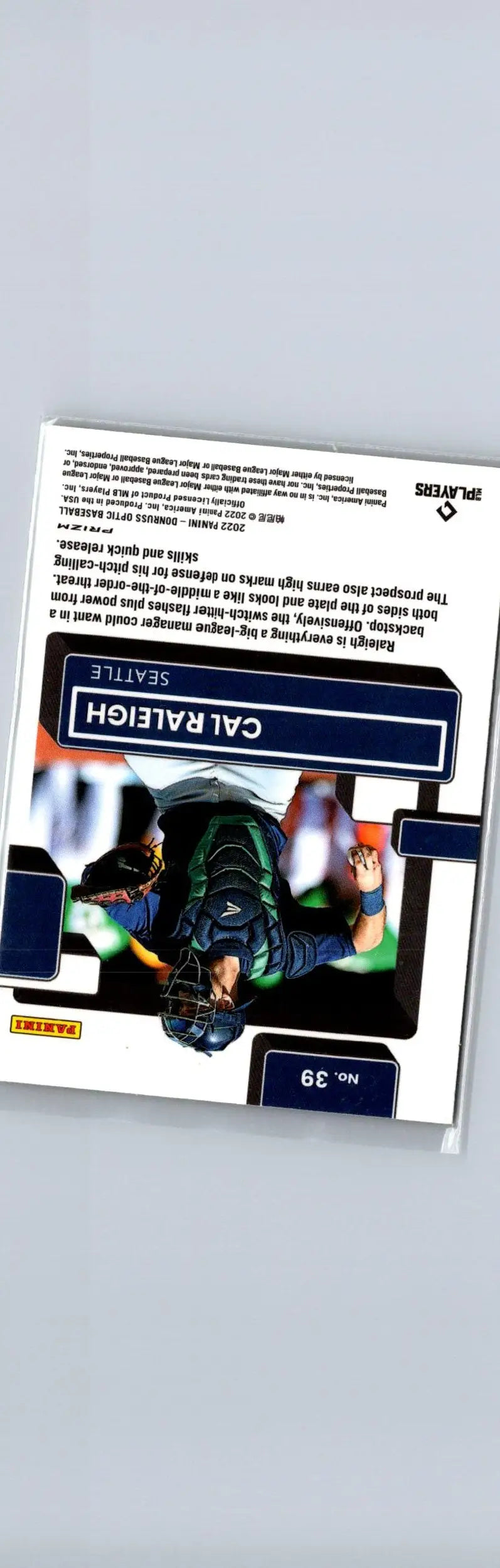 Baseball trading card of Cal Raleigh with lime green Prizm from 2022 Donruss Optic