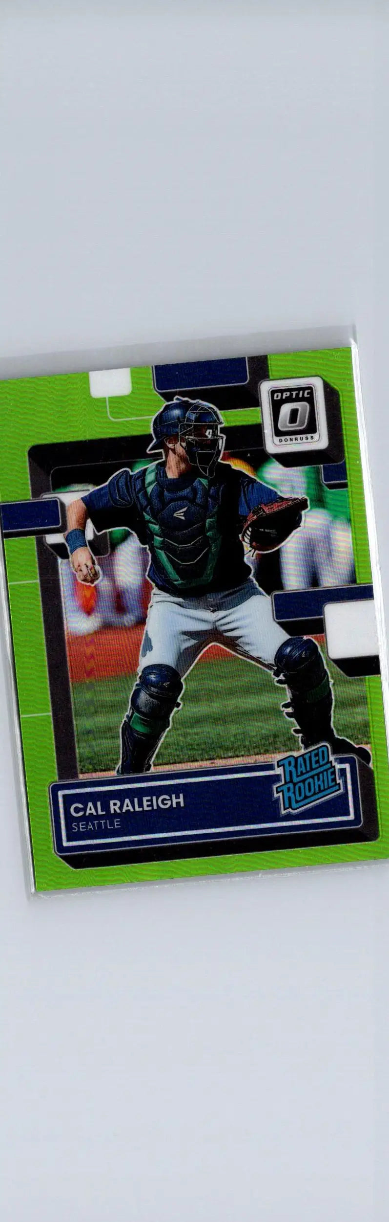 Vibrant green Cal Raleigh Lime Green Prizm baseball card featuring a catcher in uniform