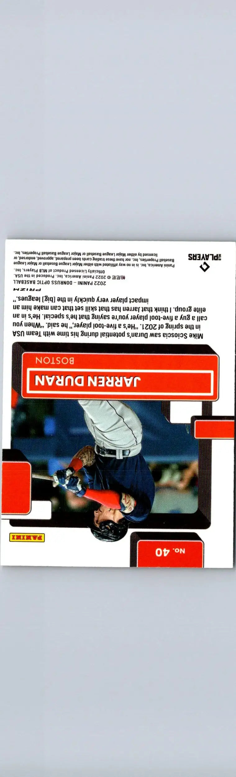 Baseball trading card of Jarren Duran in the 2022 Donruss Optic Lime Green Prizm series