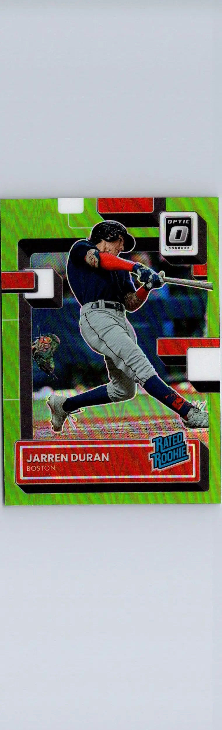 Jarren Duran Lime Green Prizm baseball trading card with vibrant green border and red accents