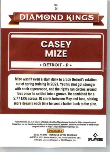 Original gloss Donruss Optic Casey Mize baseball card from 2022 Tigers Diamond King