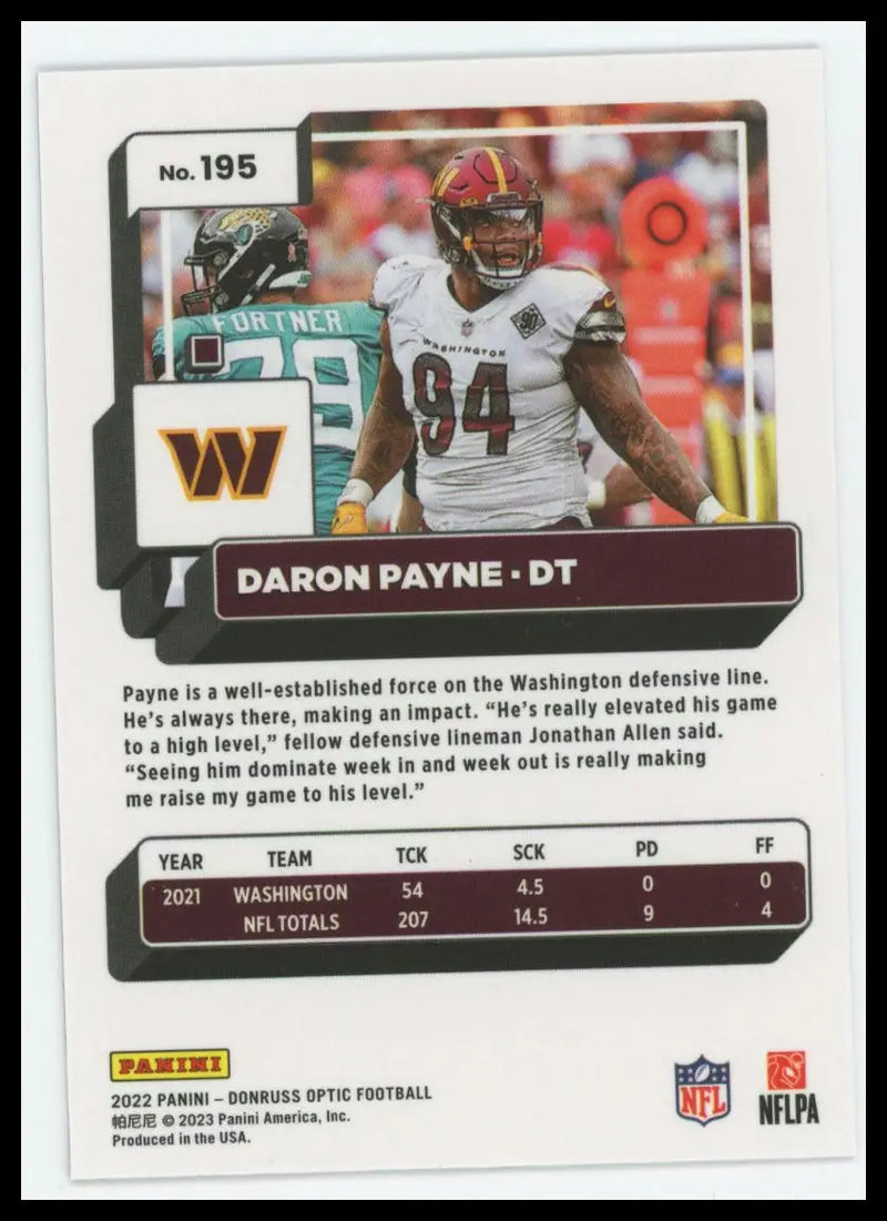 2022 Donruss Optic Daron Payne 195 Washington Commanders - Football Card Single