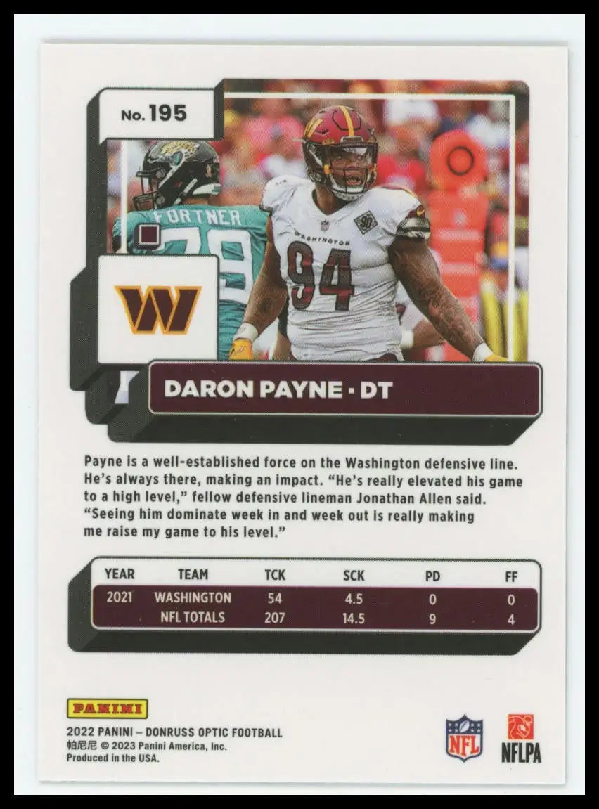 2022 Donruss Optic Daron Payne 195 Washington Commanders - Football Card Single