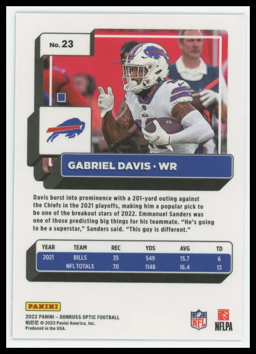 2022 Donruss Optic Gabriel Davis 23 Buffalo Bills - Football Card Single