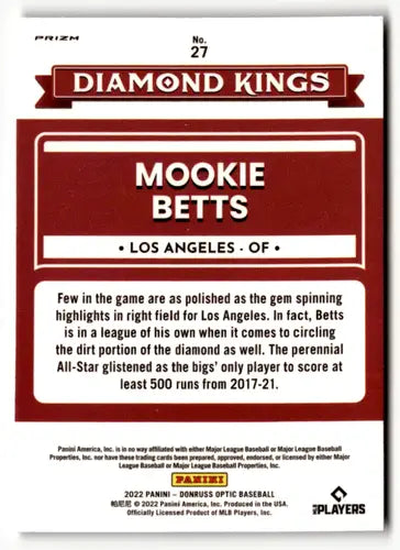 2022 Donruss Optic Holo #27 Mookie Betts NM-MT Red Sox Diamond King ID:47904 - Baseball Card Single
