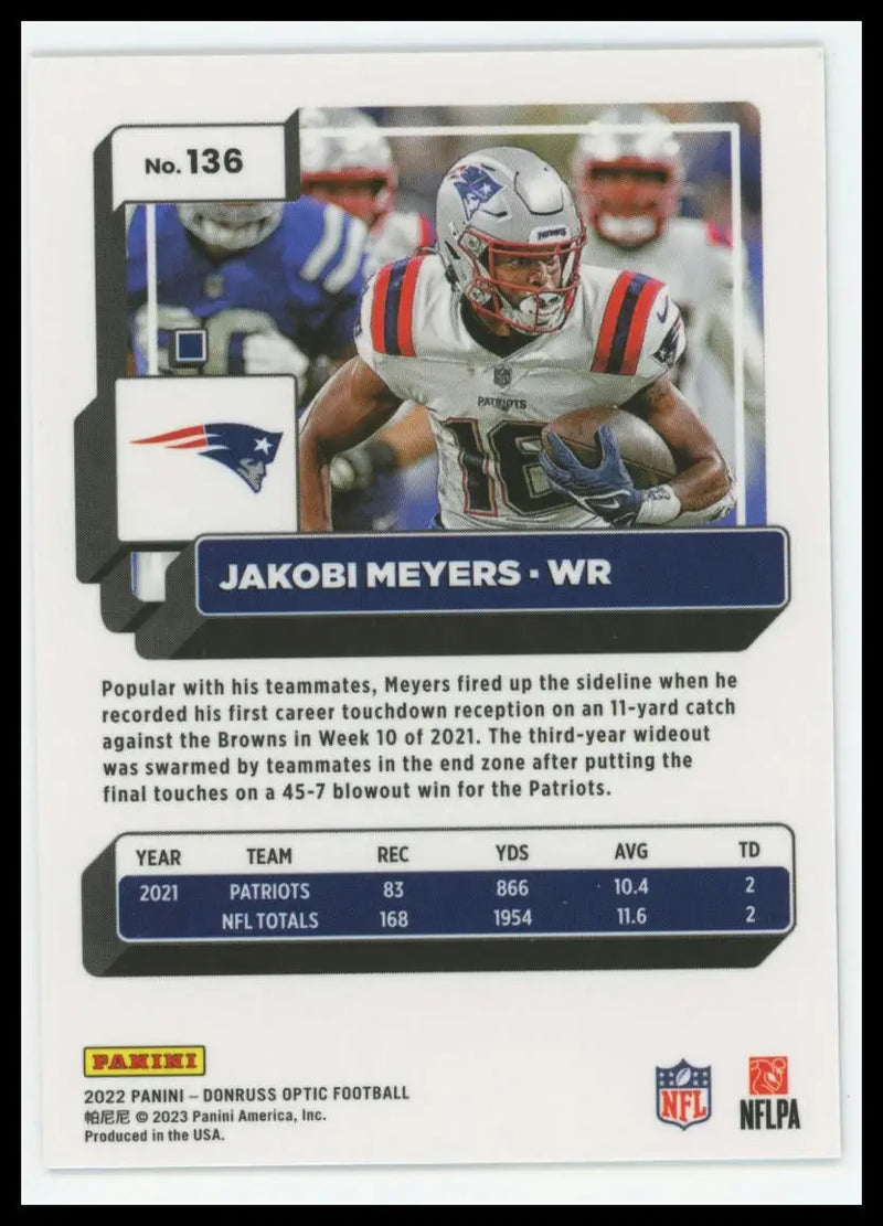 2022 Donruss Optic Jakobi Meyers 136 New England Patriots - Football Card Single