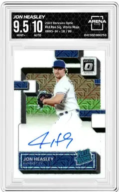 Donruss Optic Jon Jon Heasley rookie auto white trading card with autograph and gem mint 9.5