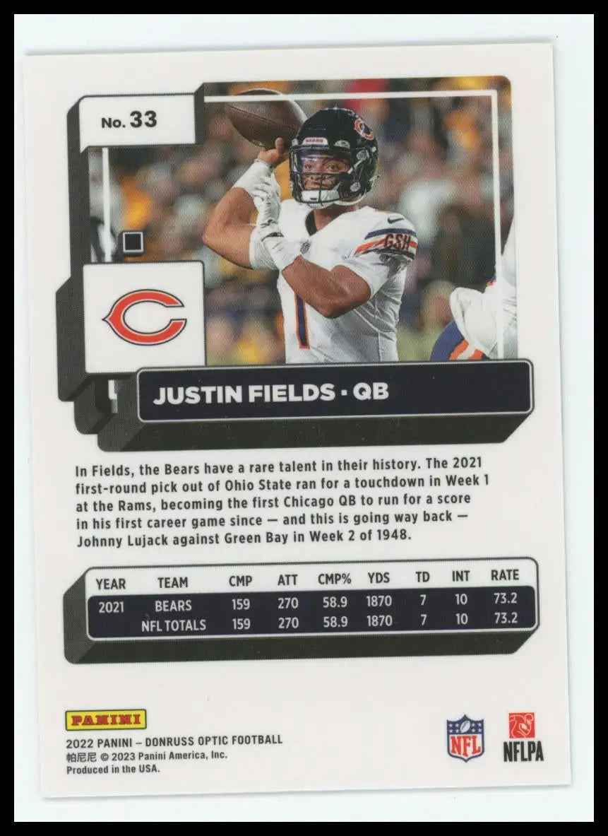 2022 Donruss Optic Justin Fields 33 Chicago Bears - Football Card Single