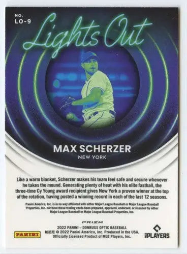 Max Scherzer baseball card with original gloss from 2022 Donruss Optic Lights Out Holo