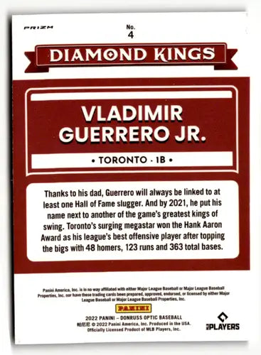 Baseball card back from 2022 Donruss Optic Lime Green Vladimir Guerrero Jr