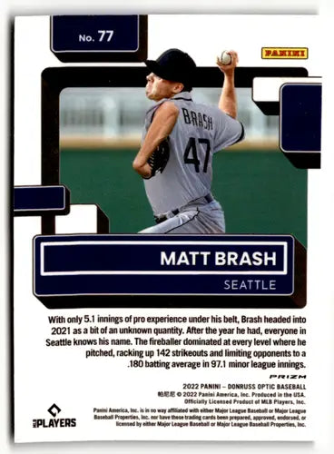 Matt Brash baseball card from 2022 Donruss Optic Lime Green series featuring Rookie Mariners