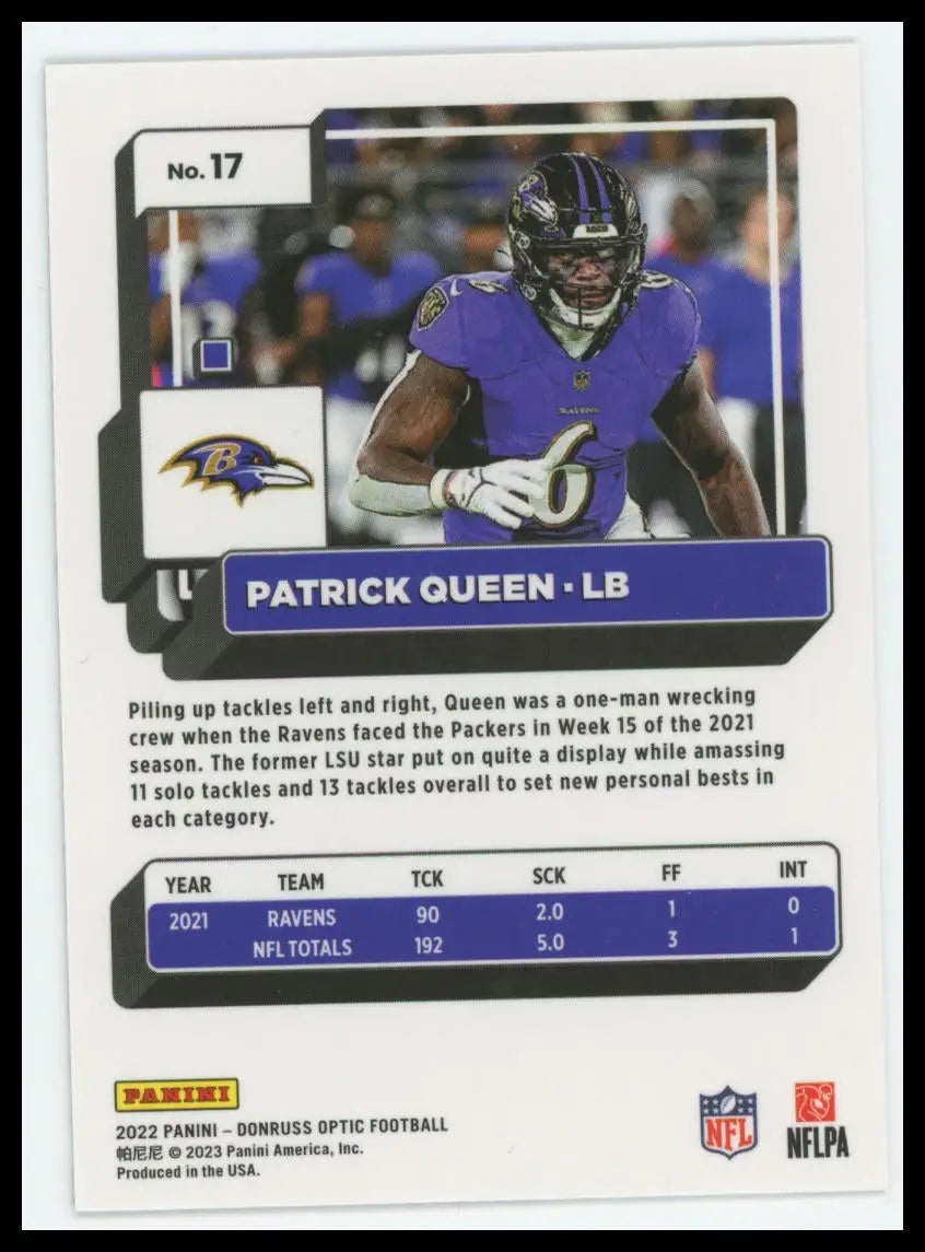 2022 Donruss Optic Patrick Queen 17 Baltimore Ravens - Football Card Single