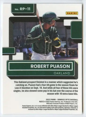 Original gloss Baseball card from 2022 Donruss Optic Rated Prospects series featuring Robert Puason