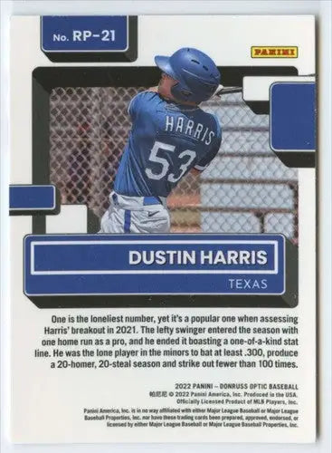 Dustin Harris baseball card from 2022 Donruss Optic Rated Prospects series