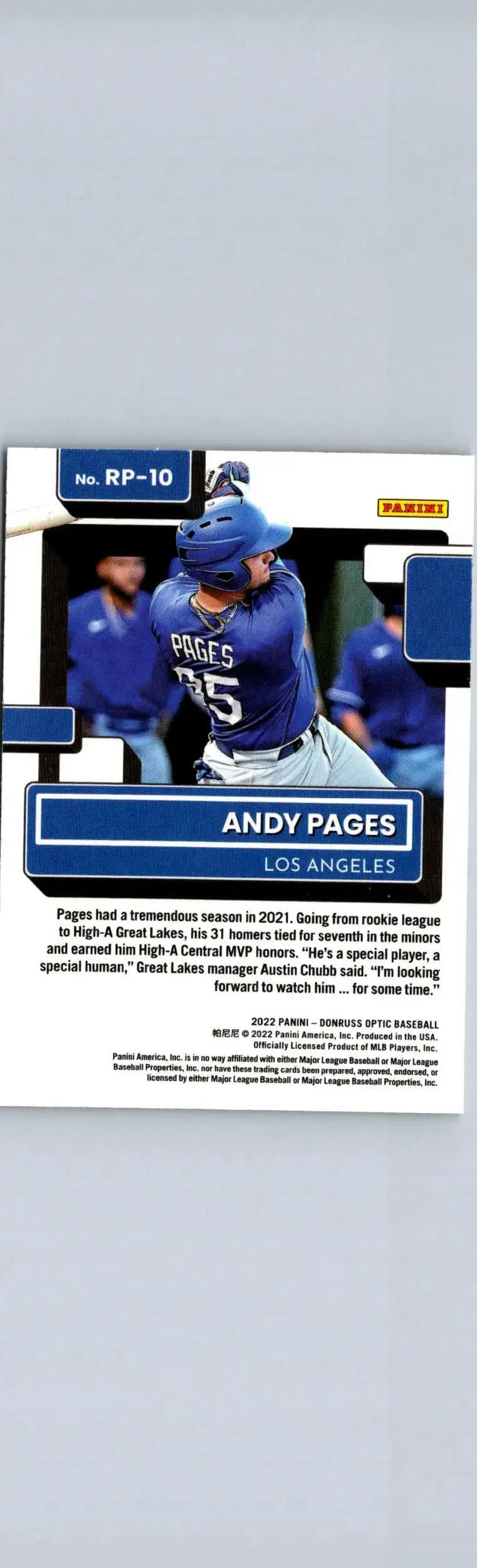 Andy Pages baseball card from 2022 Donruss Optic Pages Rated Prospects collection