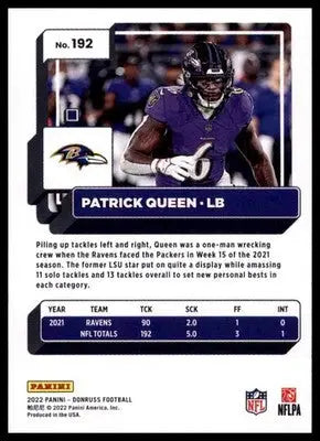2022 Donruss Patrick Queen 192 Baltimore Ravens - Football Card Single