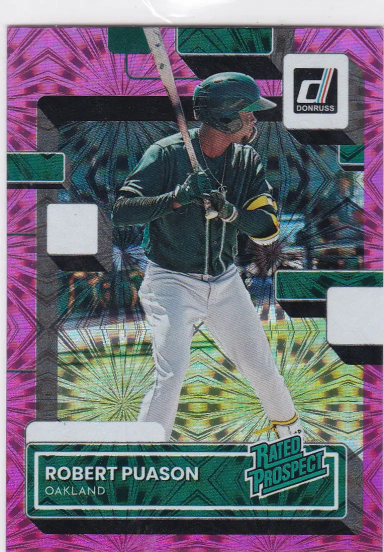 Baseball trading card of Robert Pauson in green jersey, a Donruss Pink Rated Rookie