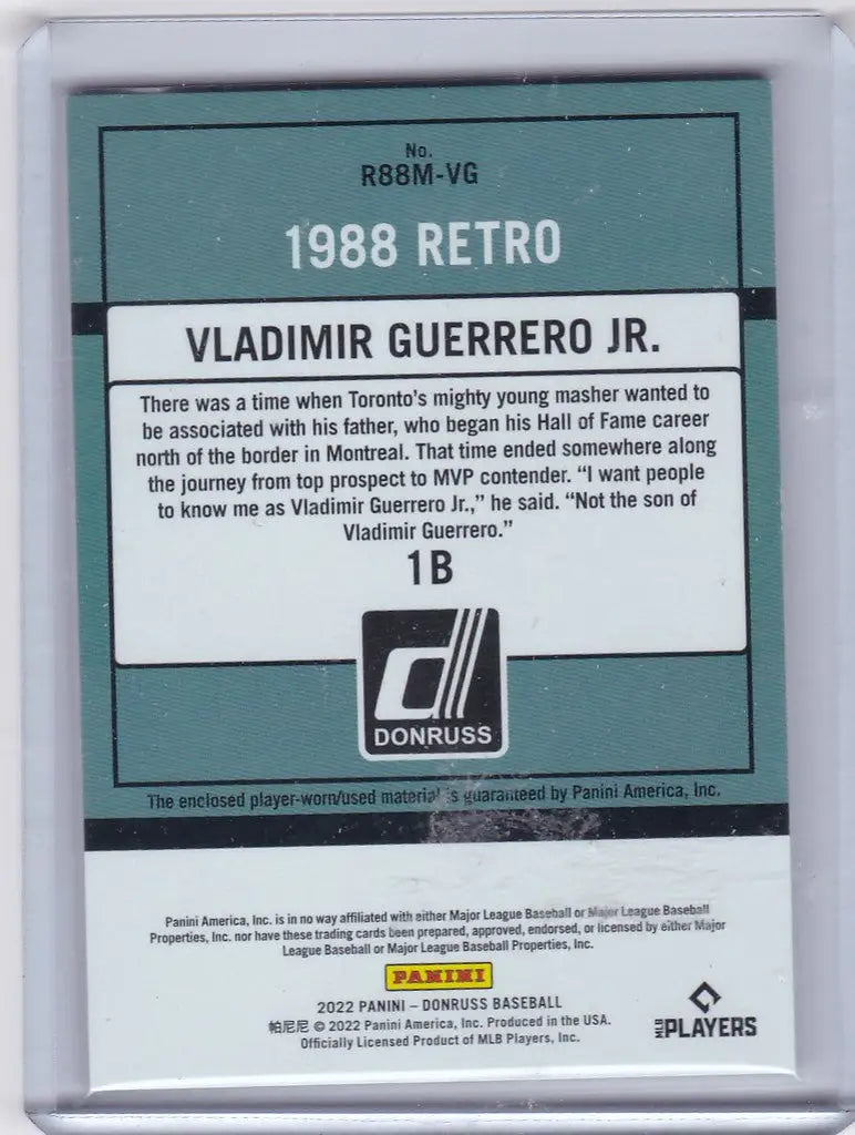 Baseball card of Vladimir Guerrero Jr. in 1988 design, Retro Relic Toronto Blue Jays