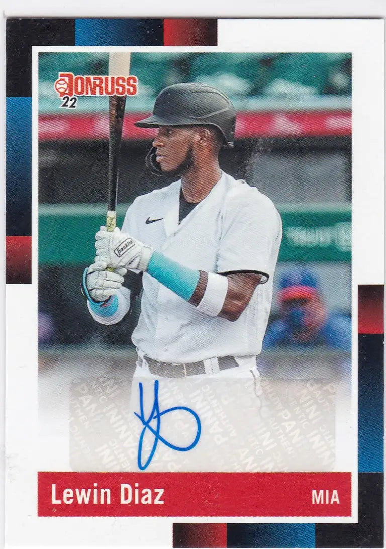 Baseball trading card of Lewin Diaz in Miami Marlins retro auto uniform