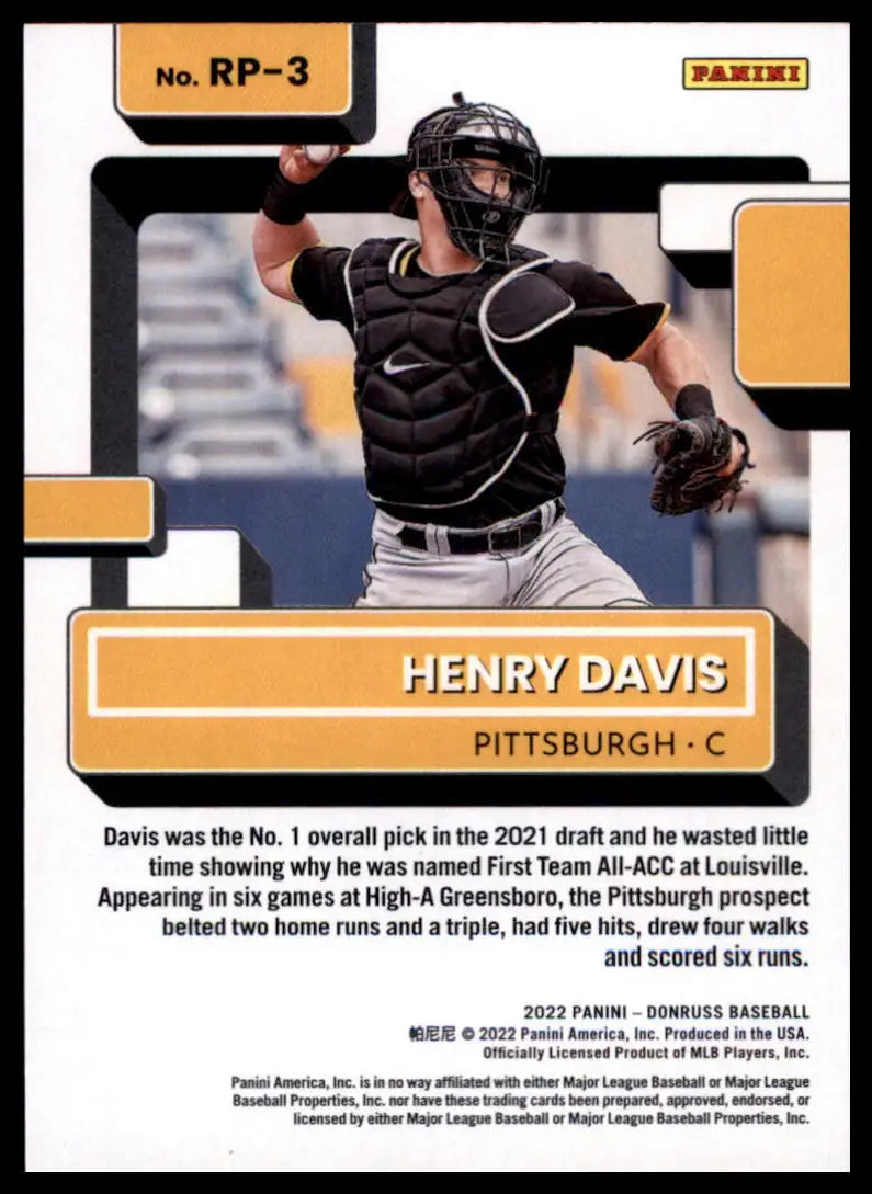 2022 Donruss - Rated Prospects Rapture Henry Davis RP-3 Pittsburgh Pirates NM - Baseball Card Single