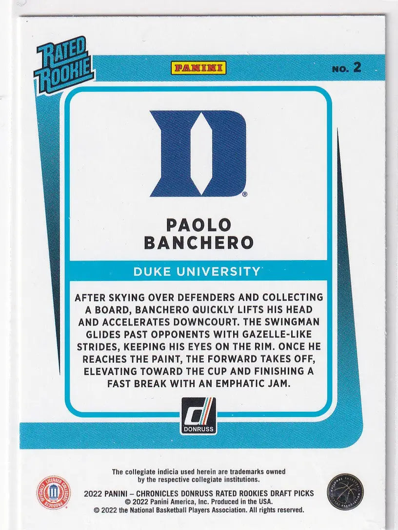2022 DONRUSS RATED ROOKIE DRAFT PICK #2 PAOLO BANCHERO- ORALNDO MAGIC - Basketball Card Single