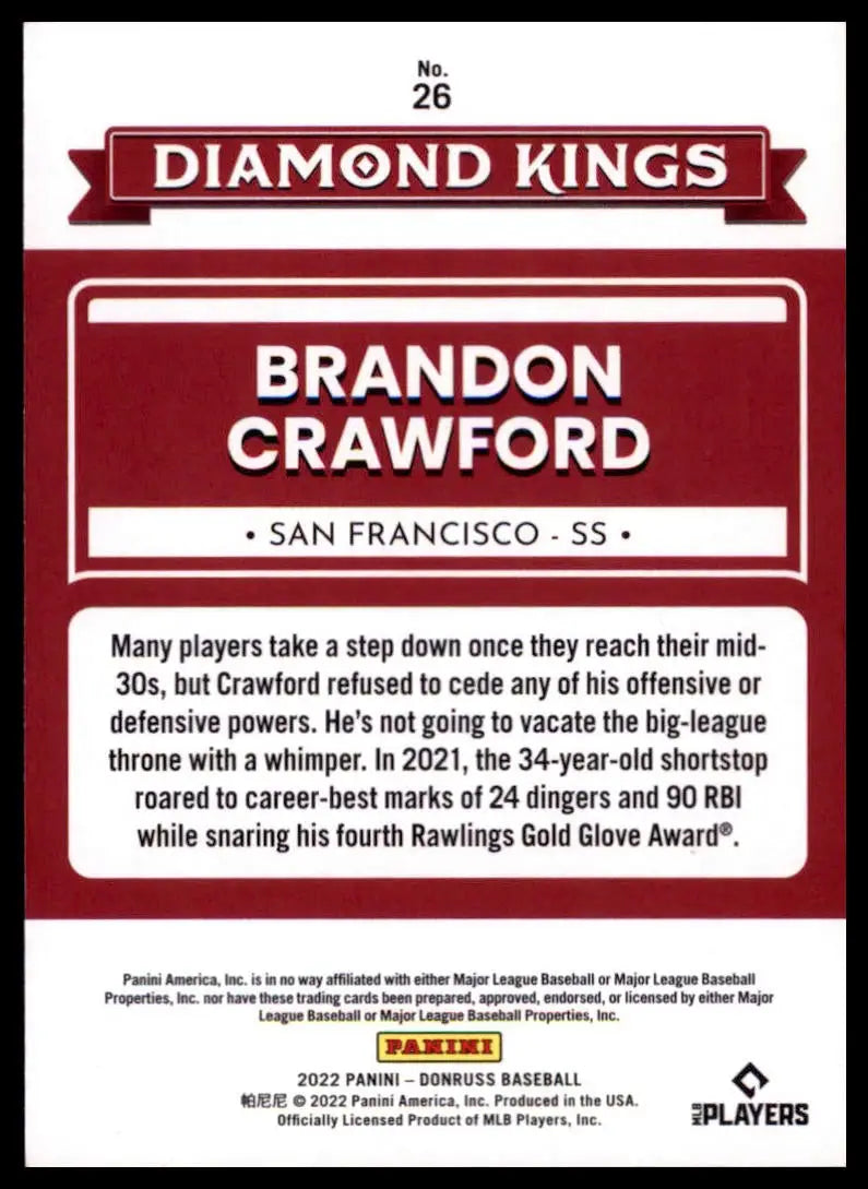 2022 Donruss - Red Brandon Crawford 26 /2022 San Francisco Giants Baseball NM - Baseball Card Single