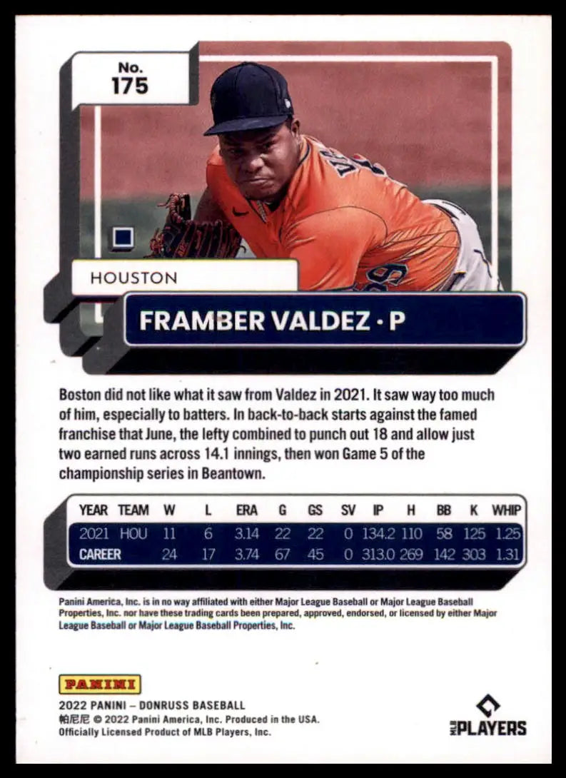 2022 Donruss - Red Framber Valdez 175 /2022 Houston Astros LP - Baseball Card Single