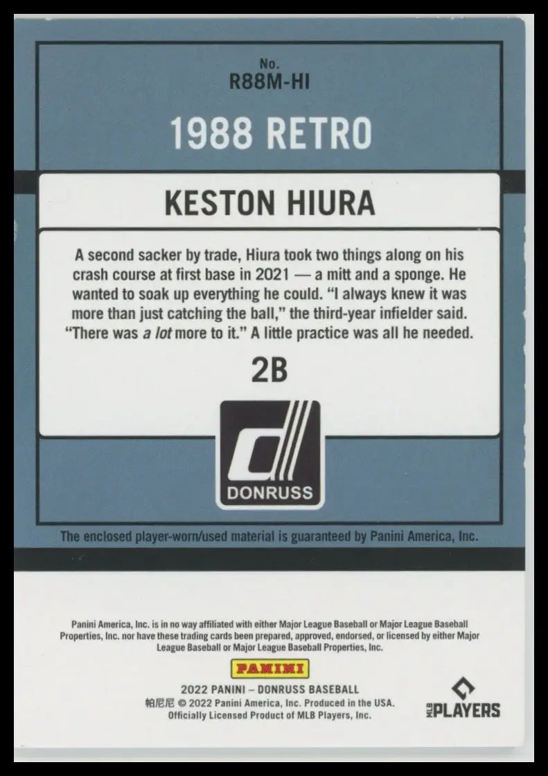 2022 Donruss - Retro 1988 Materials Keston Hiura R88M-HI Milwaukee Brewers LP - Baseball Card Single