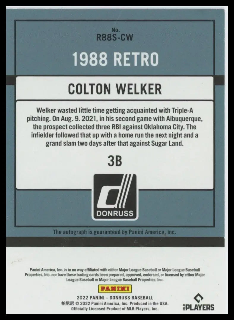 2022 Donruss - Retro 1988 Signatures Colton Welker R88S-CW Auto Rockies NM - Baseball Card Single