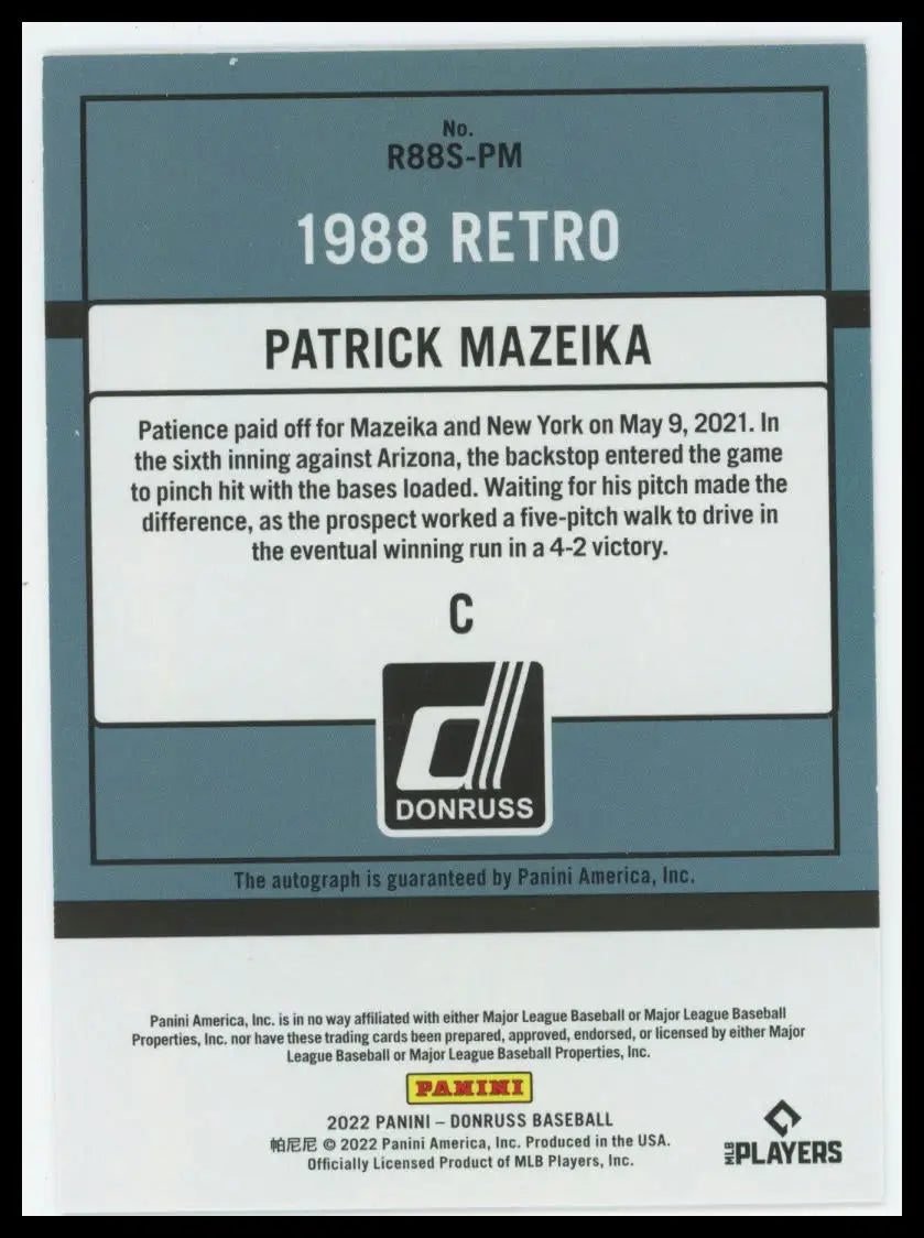2022 Donruss - Retro 1988 Signatures Patrick Mazeika R88S-PM Auto NY Mets NM - Baseball Card Single