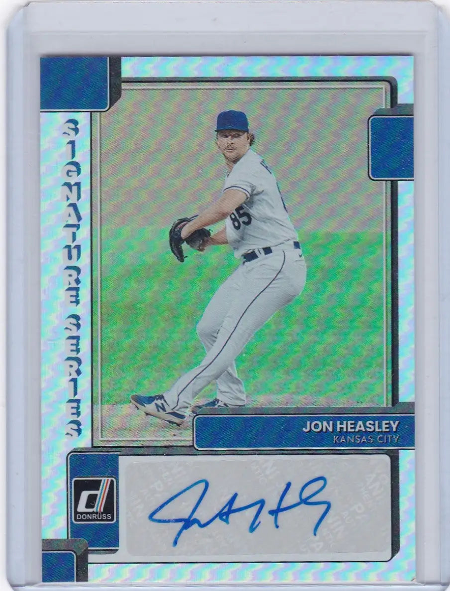 Signed baseball card of Jon Heasley in throwing stance from Signature Series Jon