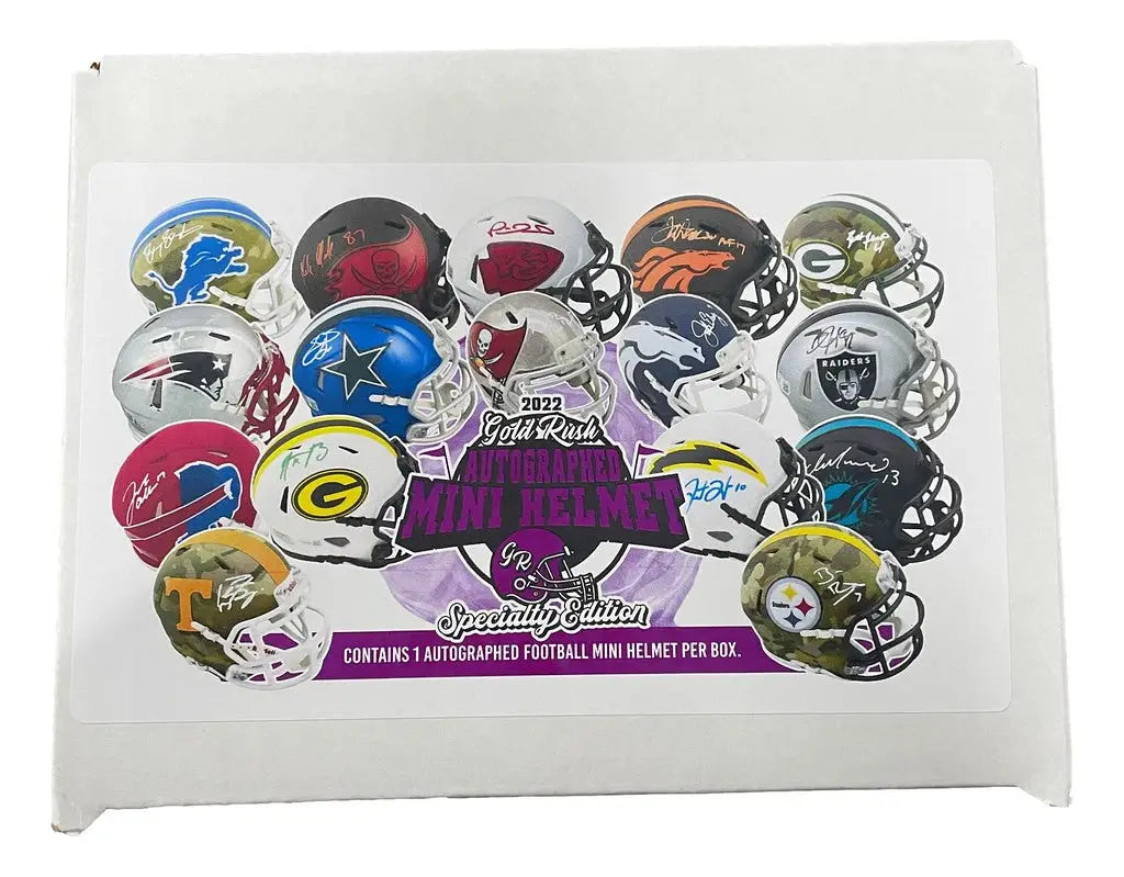 Collection of NFL team autographed mini helmets on 2022 Gold Rush promotional banner