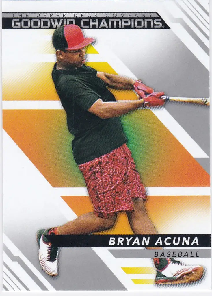 Baseball player Bryan Acuna swinging a bat in green shirt and patterned red shorts