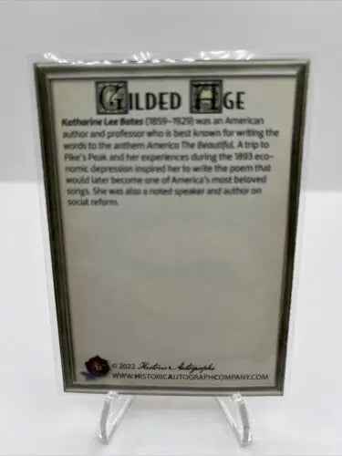 Framed informational card for 2022 Historic Autographs Gilded Age Katharine Lee Bates 213