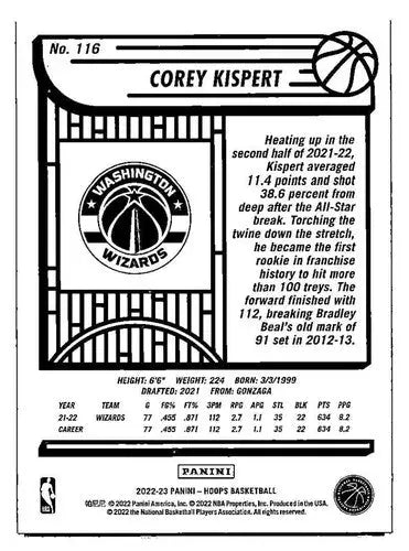 2022 Hoops #116 Corey Kispert Washington Wizards Basketball Cards NM ID:54434 - Basketball Card Single