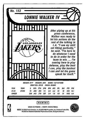 Basketball card back featuring original gloss of Lonnie Walker IV Los Angeles Lakers