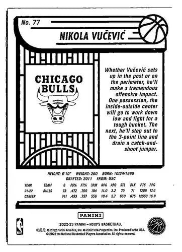 Original gloss Nikola Vucevic Chicago basketball card from 2022 Hoops series featuring Chicago Bulls