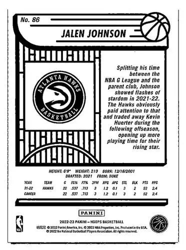Original gloss basketball card of Jalen Johnson Atlanta Hawks player from 2022 Hoops series