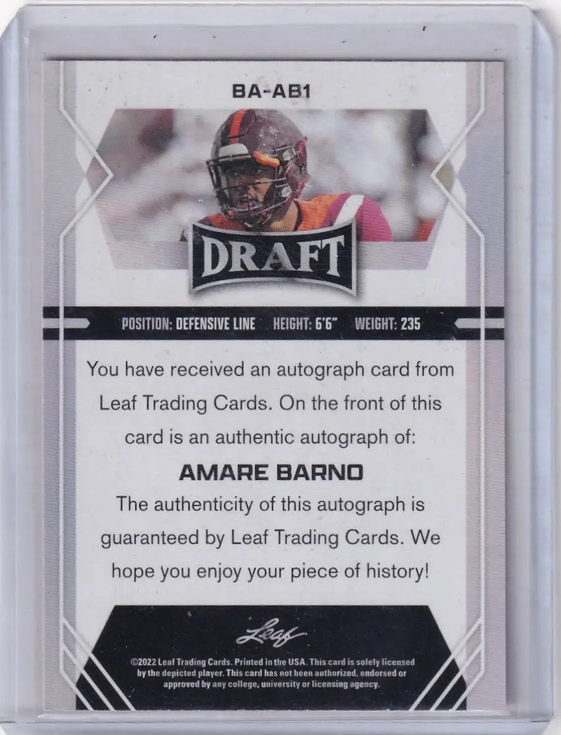 Back of a 2022 Leaf Draft Auto #AB1 Amar Barno football trading card with autograph guarantee