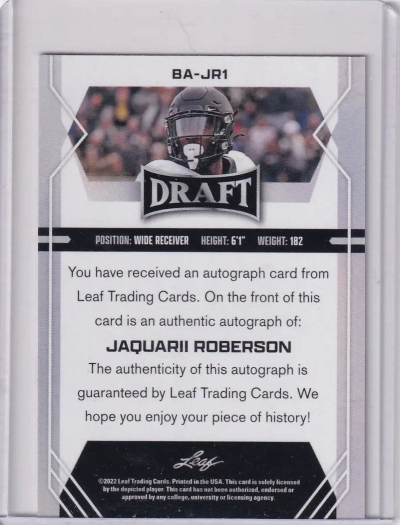 Back of a football trading card featuring Jaquarii Roberson from Leaf Draft Auto series