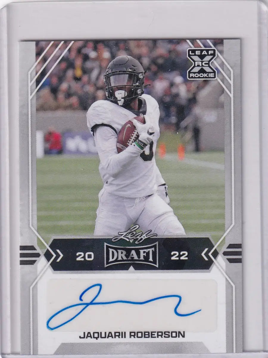 Autographed 2022 Leaf Draft Auto Jaquarii Roberson rookie football card featuring Dallas Cowboys