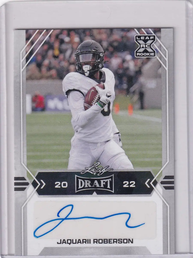 Autographed 2022 Leaf Draft Auto Jaquarii Roberson rookie football card featuring Dallas Cowboys
