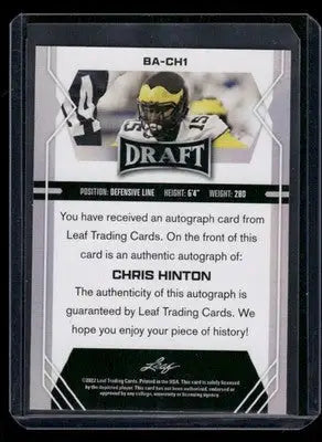 2022 Leaf Draft Chris Hinton #BA-CH1 Red RC Football - Football Card Single