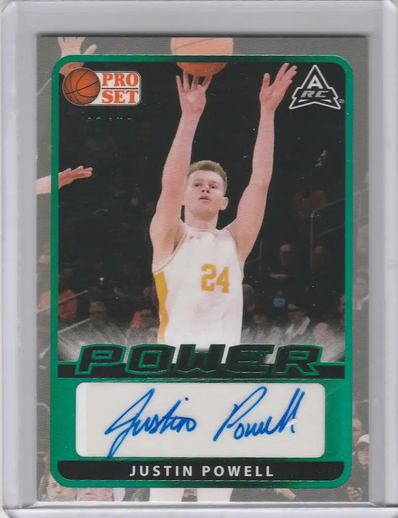 Basketball trading card of Justin Powell in white jersey 24, autographed from Leaf Proset Power