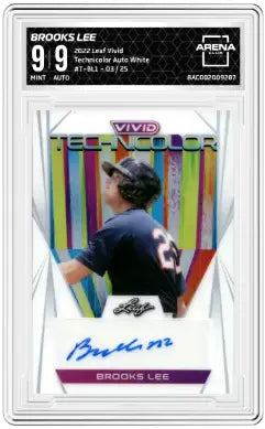 Baseball card encased in clear slab featuring Brooks Lee from Leaf Vivid Brooks collection