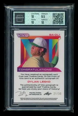 2022 Leaf Vivid Dylan Lesko #BA-DL1 Navy Blue 21/30 Autograph RC Arena Club 10 - Baseball Card Single