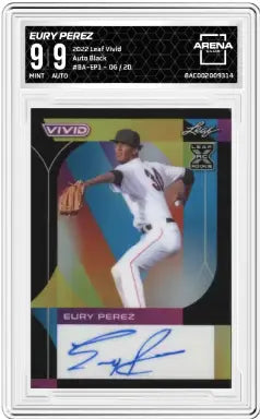 Graded Leaf Vivid Eury Pérez baseball trading card with autograph and pitcher pose