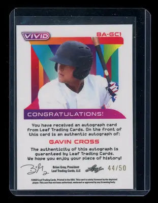 2022 Leaf Vivid Gavin Cross #BA-GC1 Autograph RC 44/50 Baseball - Baseball Card Single