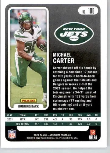 2022 Panini Absolute #100 Michael Carter NM-MT NY Jets ID:52319 - Football Card Single