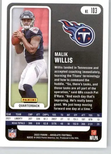 Malik Willis football card from 2022 Panini Absolute original gloss rookie Titans